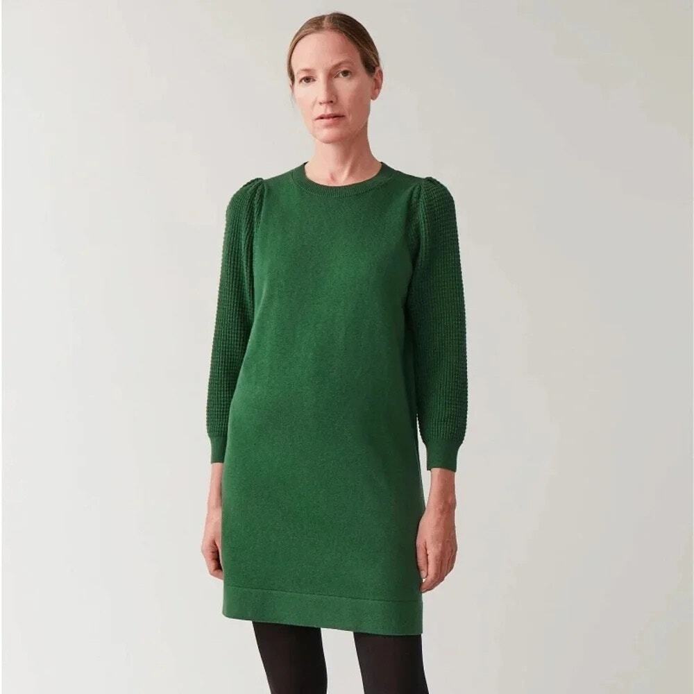 COS Puff Sleeve Cotton-Wool Dress Green Crew Neck Size Medium Textured Sleeve